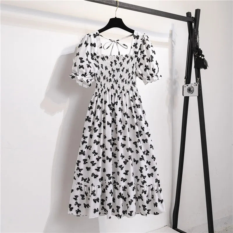 BreezeBloom Square Collar Midi Dress: Boho Chic